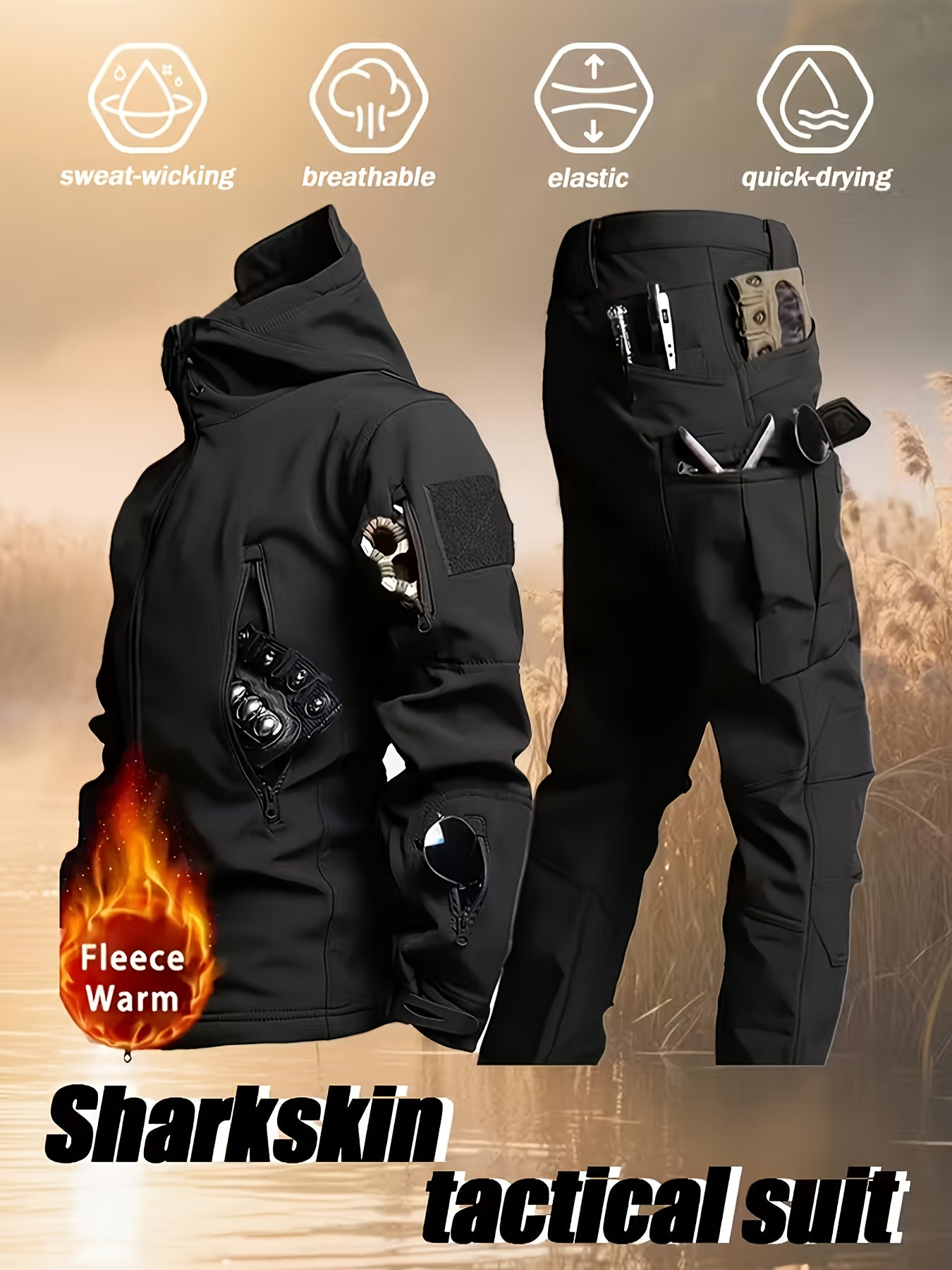 Men's Winter Softshell Jacket and Fleece-Lined Tactical Cargo Pants Set