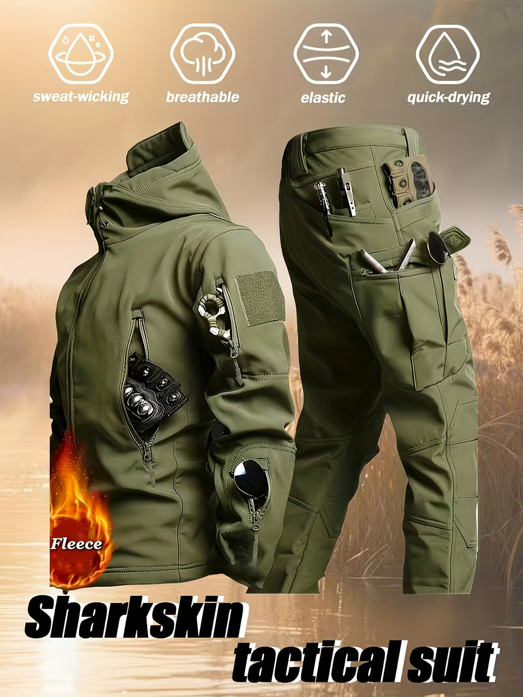 Men's Winter Softshell Jacket and Fleece-Lined Tactical Cargo Pants Set