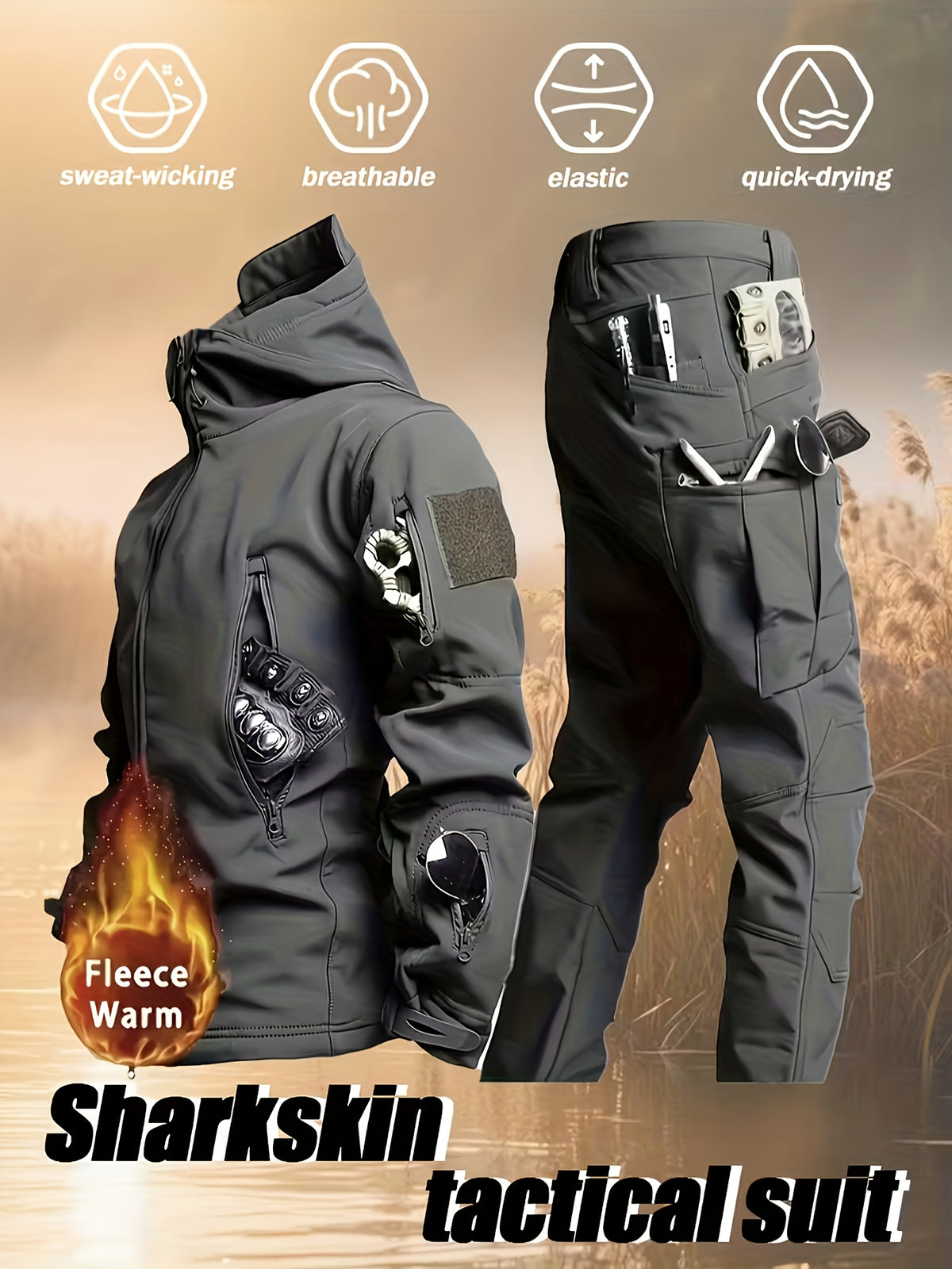 Men's Winter Softshell Jacket and Fleece-Lined Tactical Cargo Pants Set